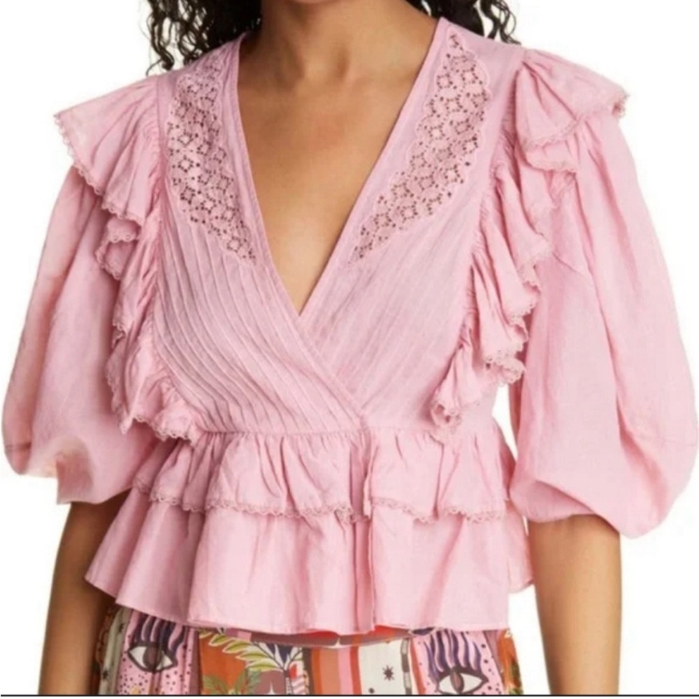 Farm Rio Punk Ruffle Puff Sleeve Wrap Blouse